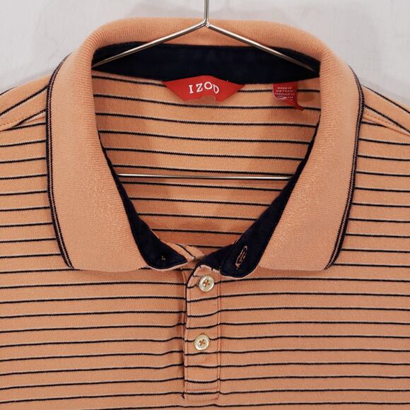 IZOD Polo Mens Extra Large Peach Navy Striped Short Sleeve Casual Preppy Shirt - Picture 3 of 11